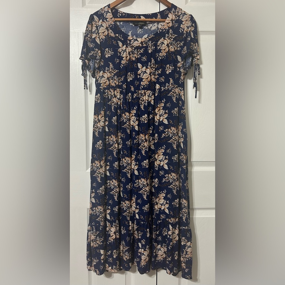 Suzanne Betro Navy Blue Floral Midi Dress Lightweight Size L